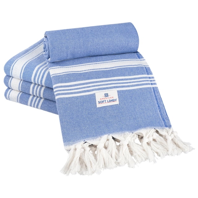 Toallas de Playa Turcas Peshtemal de Lino Suave Americano, Paquete de 4 Toallas de 40" x 70" para Playa y Piscina, Raya Azul
