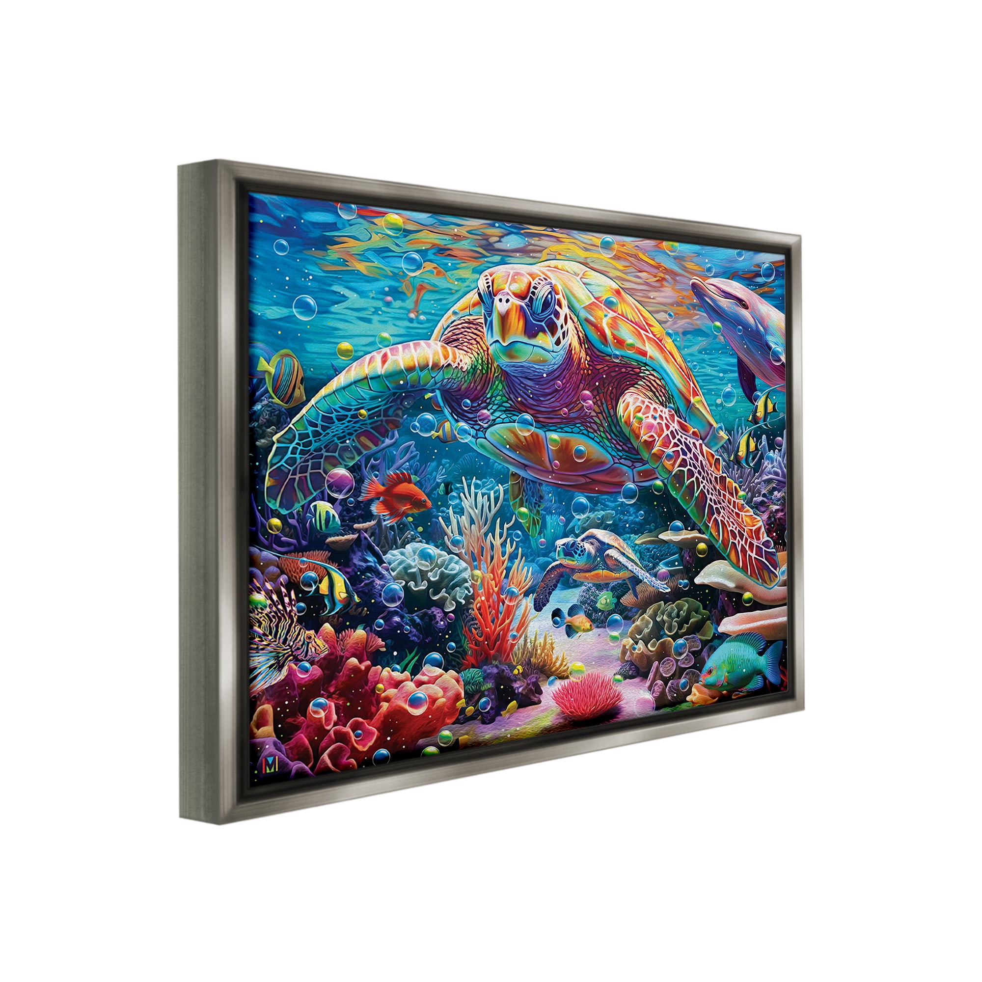 Stupell Industries Vivid Sea Turtle & Reef Animals & Insects Painting Gray Floater Framed Canvas Art Print Wall Art, 31 x 25