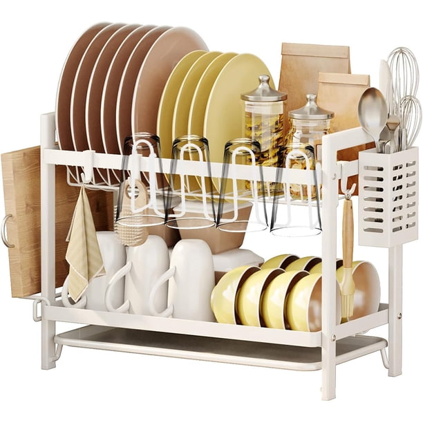 Escurridor de Trastes Acero Inoxidable, 2 Niveles Escurridor de Platos Con Soporte Vajilla, Estante de Vaso Y Tabla de Cortar, Secador de Trastes Para Platos, Vasos y Accesorios de Cocina (Blanco)