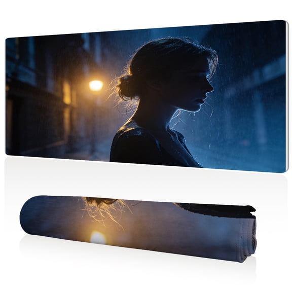 LIVEKEY Extra Large Mouse Pad 80x40x0.3cm Woman Silhouette in Rainy Night Street Design Full Desk Coverage Non Slip Durable Easy Clean Stitched Edges for Gaming and Office