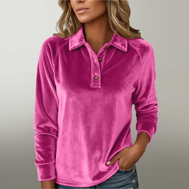 Karight Womens Vintage Velvet Blouse Long Sleeve Button Up Lapel Neck Henley Shirts Basic Solid Color Casual Winter Tops
