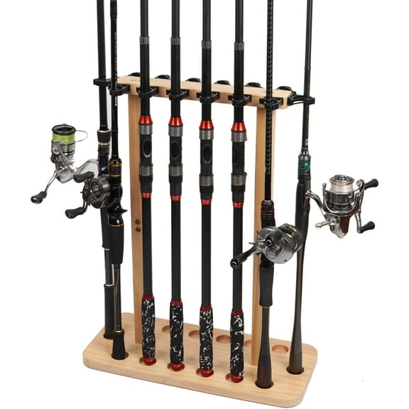 Fishing Rod Storage Racks, Taotique 100% Wood Floor Stand Fishing Pole Holders for Garage of 14 Rods or Combos