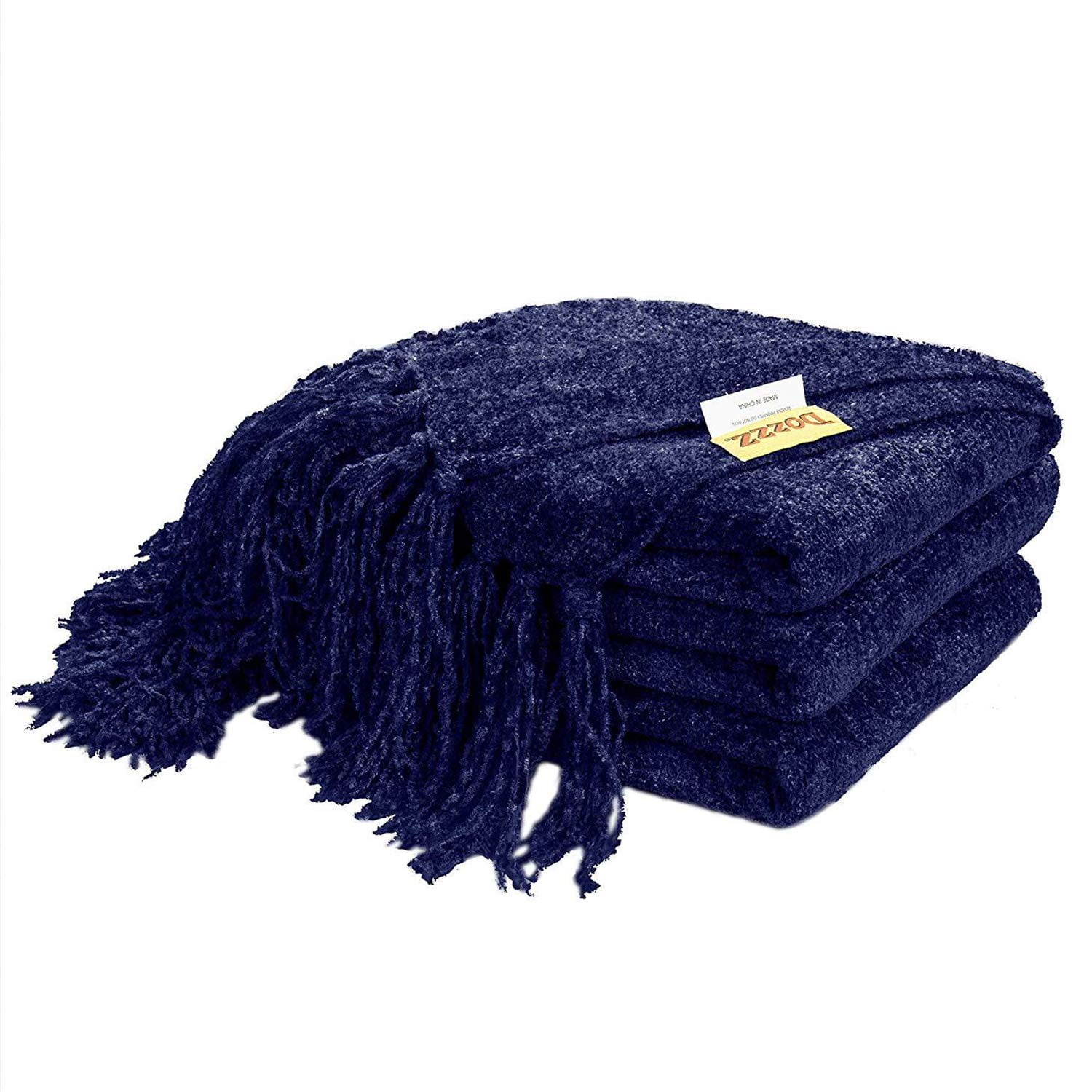 Fluffy Chenille Knitted Throw Blanket Navy Blue