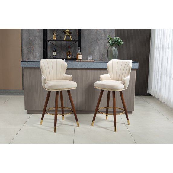 Luccalily Velvet Bar Stools Set of 2,the seat with a 360 degrees rotate Bar Stools with Back and Footrest,Modern Design and wooden Base for Kitchen,Bistro Pub, Dining Room Counter
