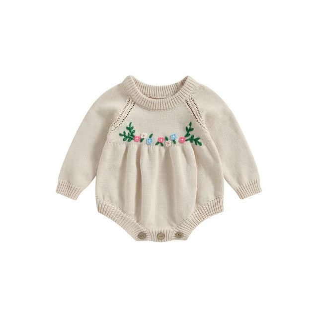 xiaxaixu Combinaisons Tricotées pour Bébés Filles Broderie Fleur 3D Col Rond Manches Longues Combinaisons Automne