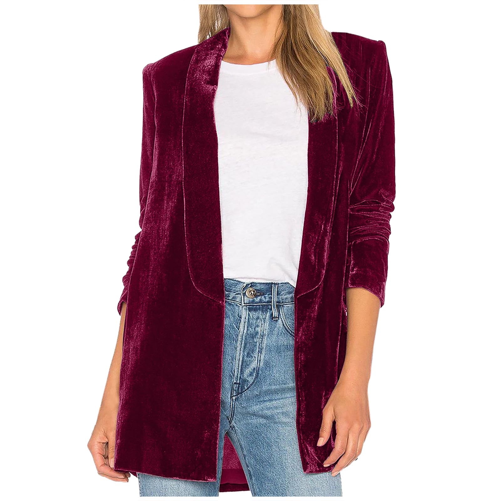 Women's Solid Long Sleeve Velvet Jacket Open Front Cardigan Coat