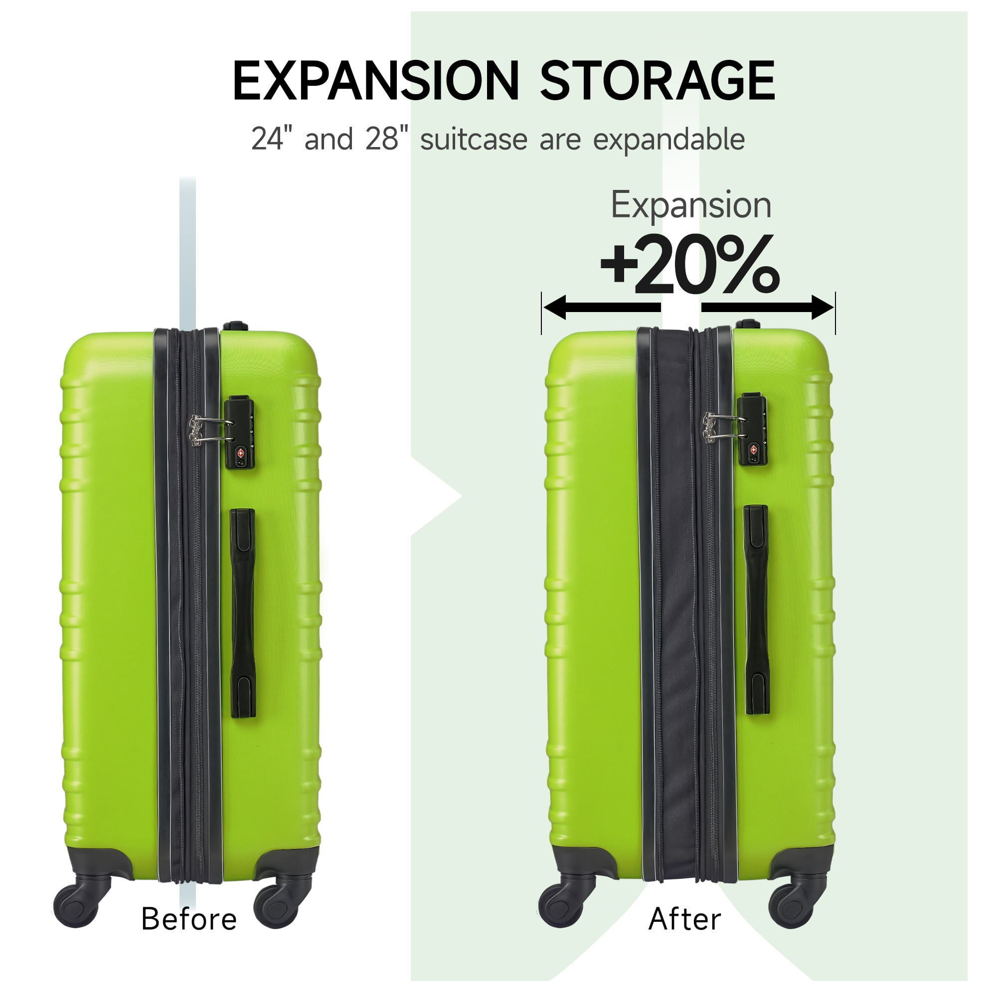 Walmart 3Piece Spinner Hard Shell Luggage Set, PC+ABS, CarryOn and Checked Suitcase, Green  (图2)