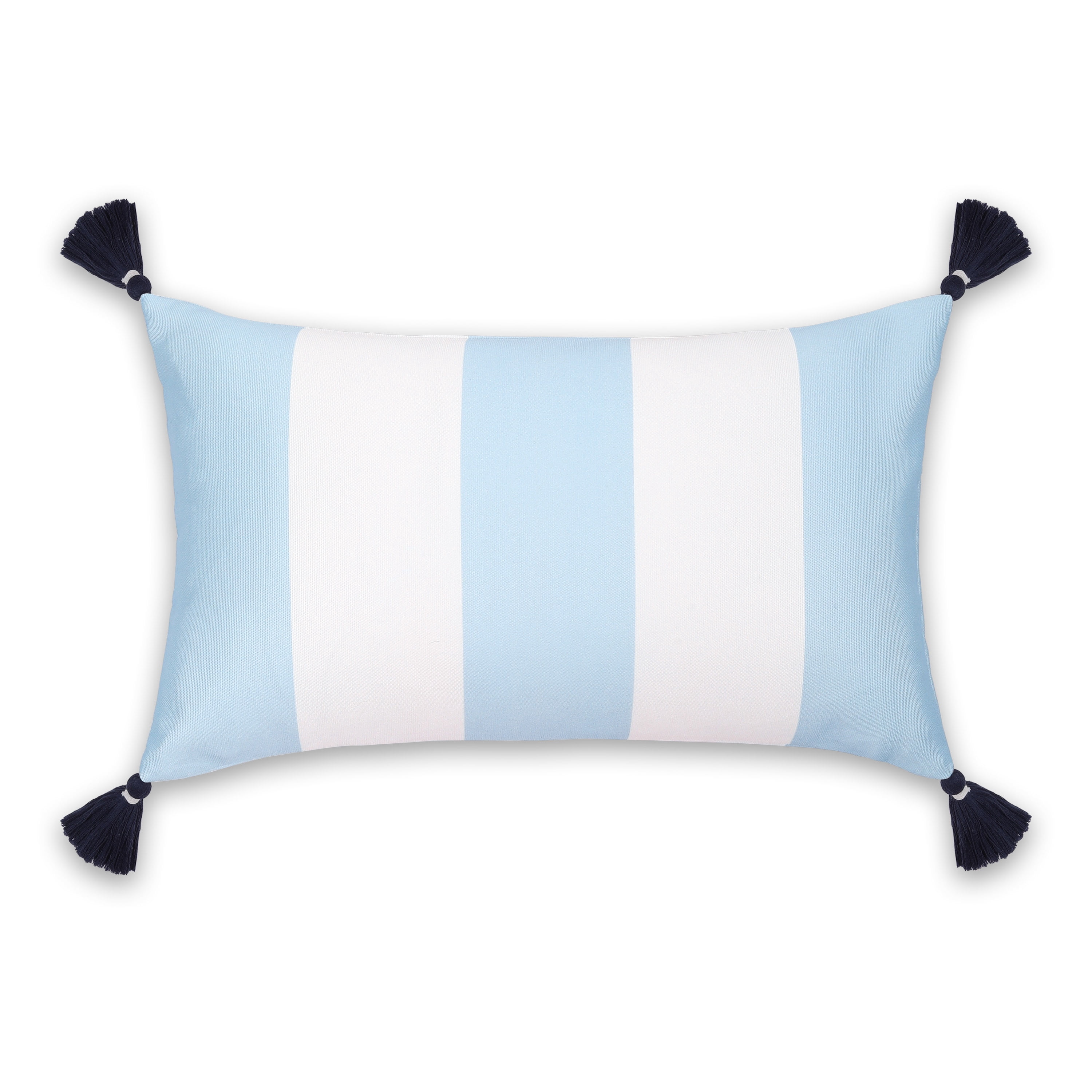Hofdeco Premium Coastal Patio Indoor Outdoor Lumbar Pillow Cover Only, 12"x20" Water Repellent for Backyard, Couch, Baby Blue Wide Stripes with Tassels