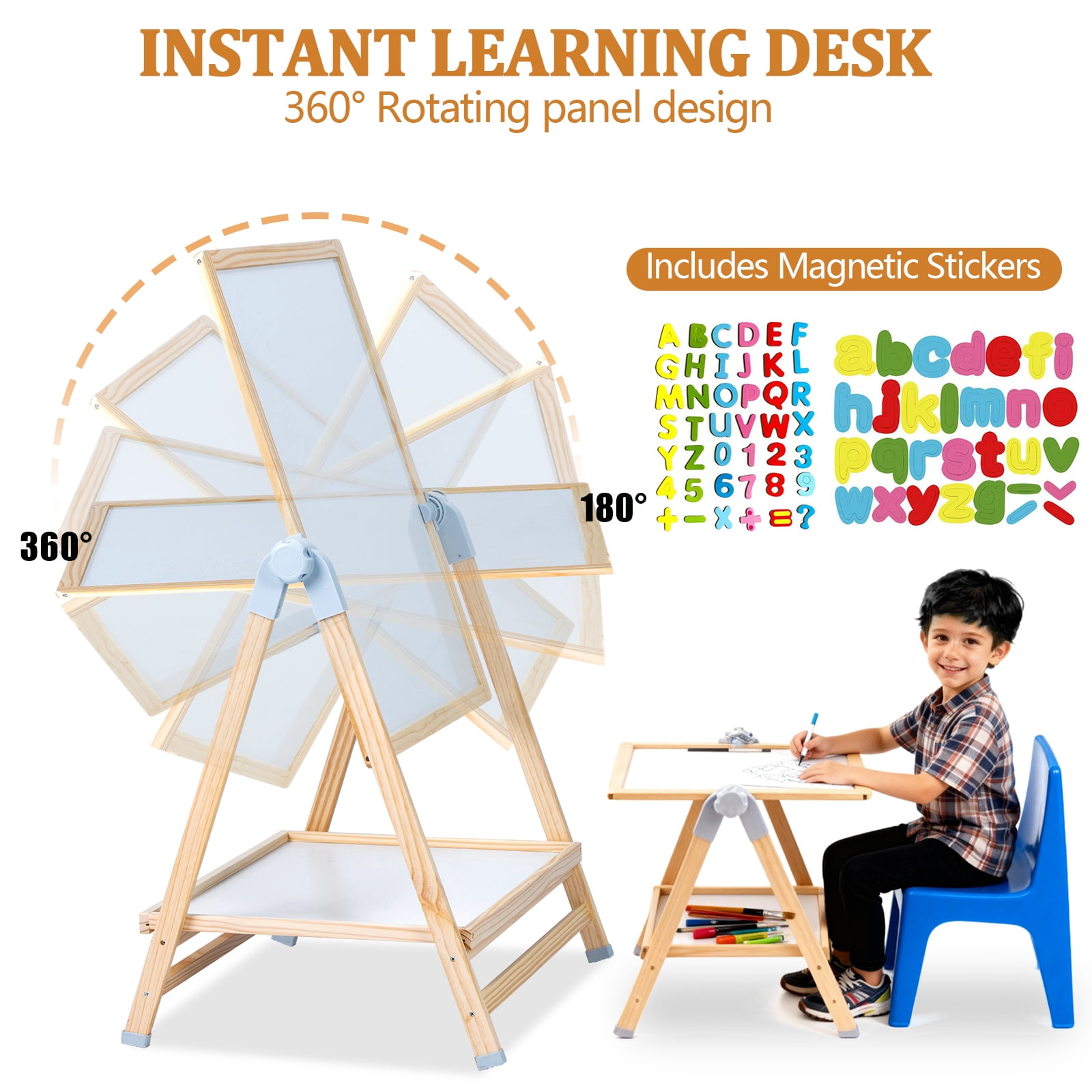 EVGTTI Art Easel for Kids, Adjustable Double-Sided Magnetic Easel, Wooden Kids Art Easel with Shelf, Safe Learning Toy for Boy & Girls