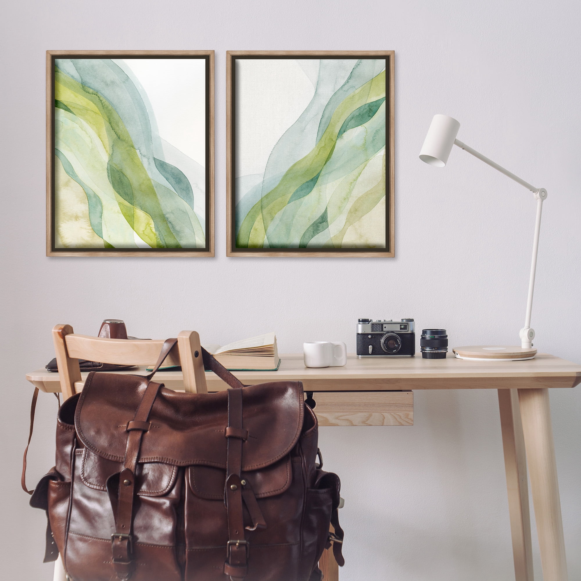 Stupell Industries Abstract Green Waves Abstract Painting Brown Floater Framed Canvas Art Print Wall Art, 25 x 31, Set of 2