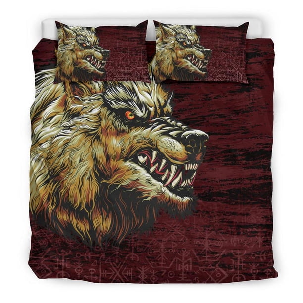 Juego de cama vikingo Fenrir sobre fondo de luna de sangre RLT12