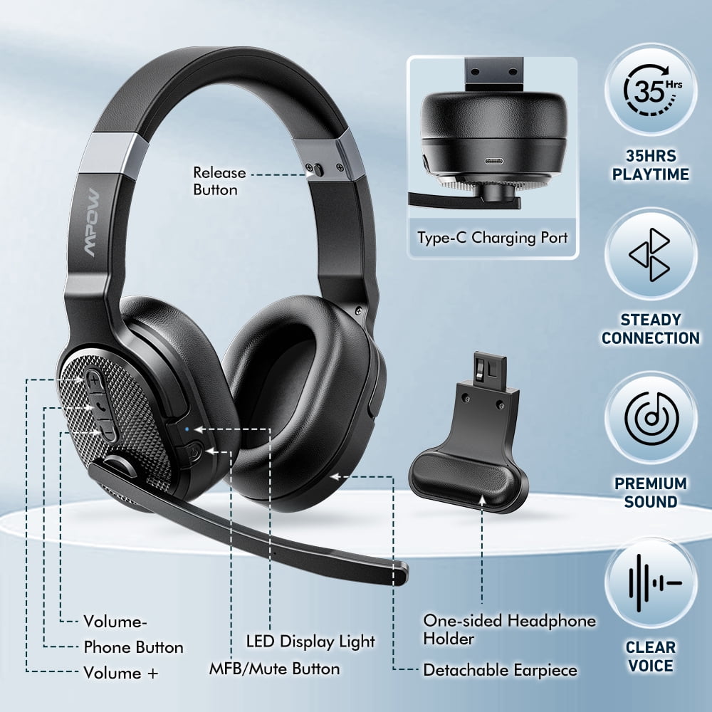 Trucker Bluetooth Headset, Noise Canceling Wireless Single and Dual Ear Headphones Bluetooth with Microphone & Dongle, 3 EQ Music Modes Headphones with Mute for PC Phone Laptop Office Home