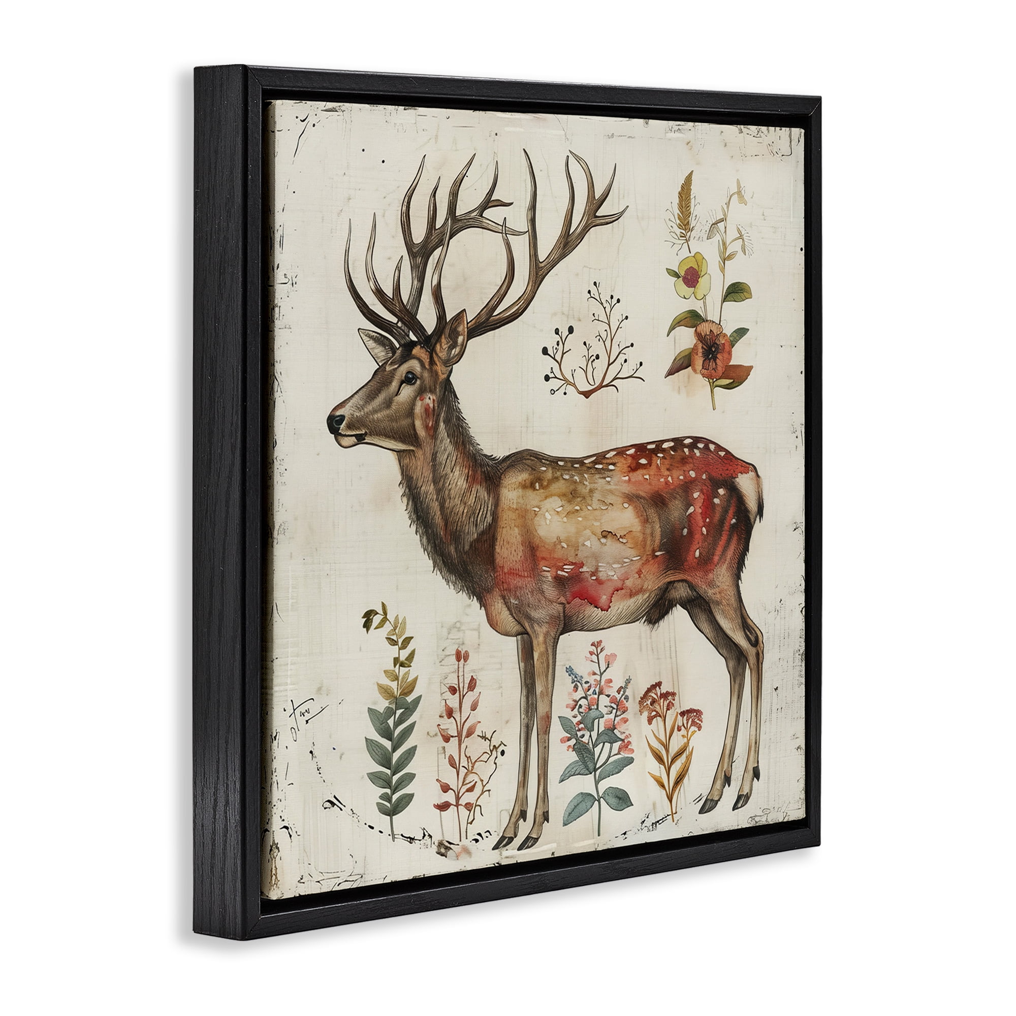 Stupell Industries Forest Elk with Botanicals Animals & Insects Painting Black Floater Framed Canvas Art Print Wall Art, 25 x 25
