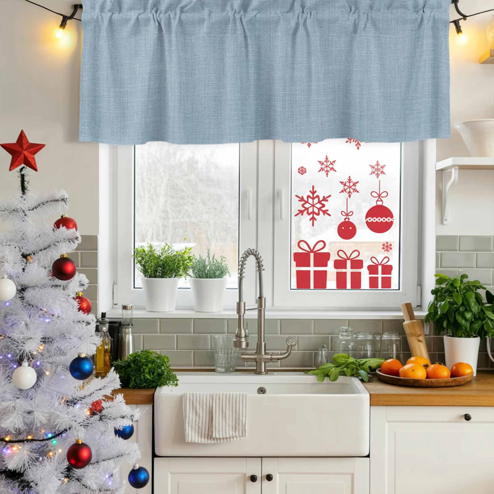 2 Pack Valances for Windows, Vintage Sky Blue Window Valances for Living Room/Bedroom/Bathroom, Farmhouse Retro Solid Color Linen Texture Light Filtering Kitchen Curtain Valance 42"W x18" L