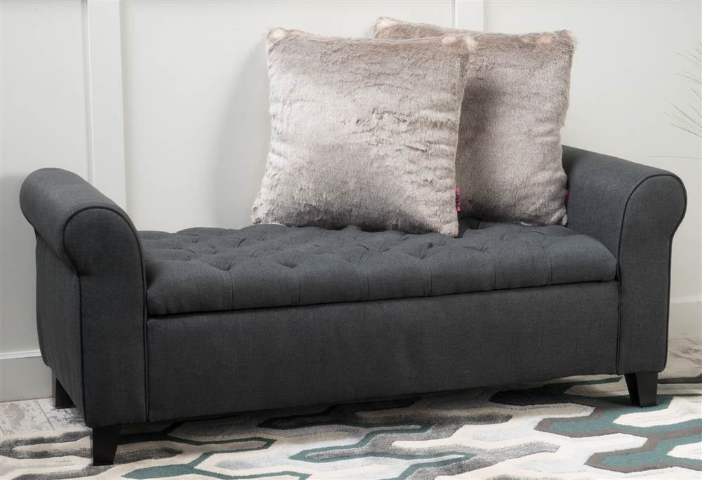 Dark Gray Tufted Fabric Storage Bench with Arms