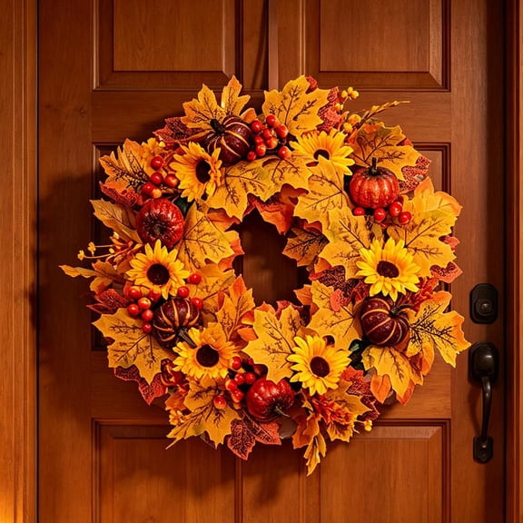 SHENGXINY Halloween Wreaths,Warm Harvest Sunflower Pumpkin Maple Wreath for Wall Entryway Fall Festive Hanging Ornament