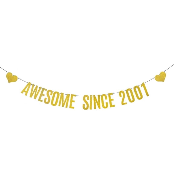 Gold Glitter Banner for 24th Birthday Party Decorations Supplies,Pre-Strung, Glitter Gold Paper Banner Bunting Sign Photo Props,Awesome Since 2001
