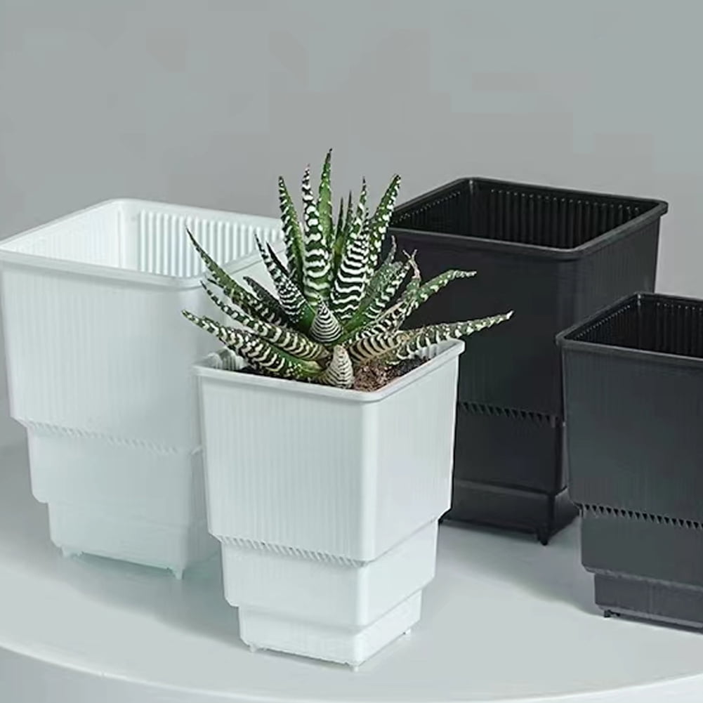 CSCHome 4 PCS Rectangle Plant Pot Plastic Breathable Planter with Drainage Holes and Tray High-Waisted Flowerpot for Succulents Gardening Home Window Decor