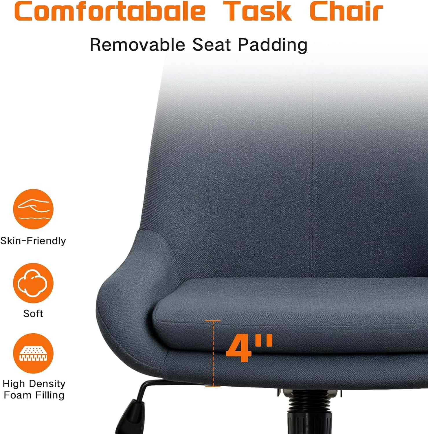 Breathable Linen Fabric Home Office Chair, Comfortable Armless Task Chair Swivel Rolling Adjustable Height Home Office