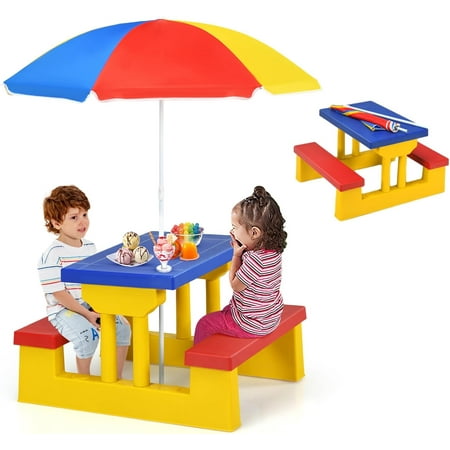 Kids Picnic Table, Toddler Picnic Table with Removable & Foldable Umbrella, Plastic Children Patio Furniture for Garden Backyard, Kids Outdoor Table, Red, Blue & Green