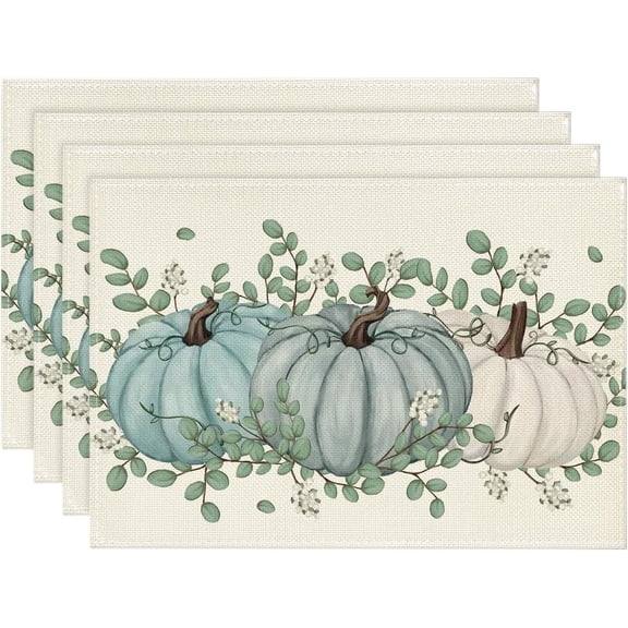 Pumpkins Eucalyptus Leaves Fall Placemats Set of 4, 12x18 Inch Autumn Thanksgiving Holiday Table Mats for Party Kitchen Dining Decoration