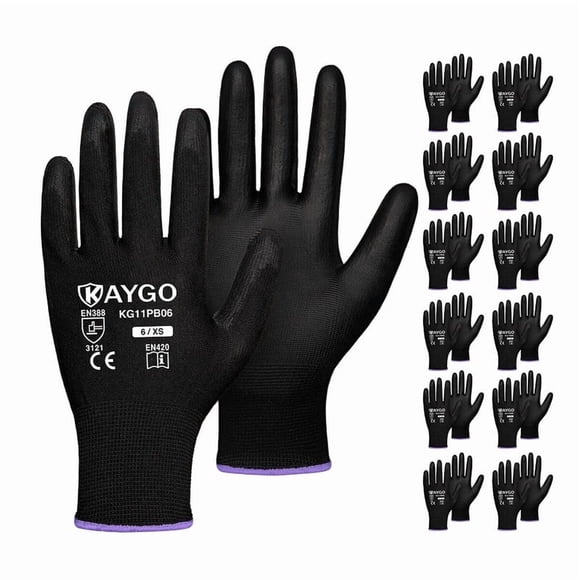 KAYGO Safety Work Gloves, 12 Pairs, PU Coated Seamless Knit Gloves for Men and Women (XS, Black)