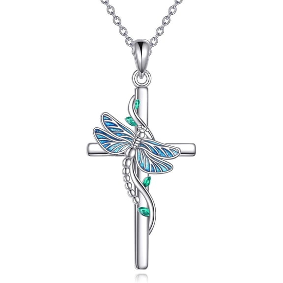 DOLIOX Dragonfly Necklace 925 Sterling Silver Dragonfly Cross Pendant Necklace Dragonfly Cross Jewelry Gift for Women Men