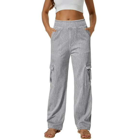MELDVDIB Womens Jeans Cargo Pants Elastic Waisted Wide Wide Leg Pants Solid Color Light Weight Lounge Trousers with Pockets Gray M