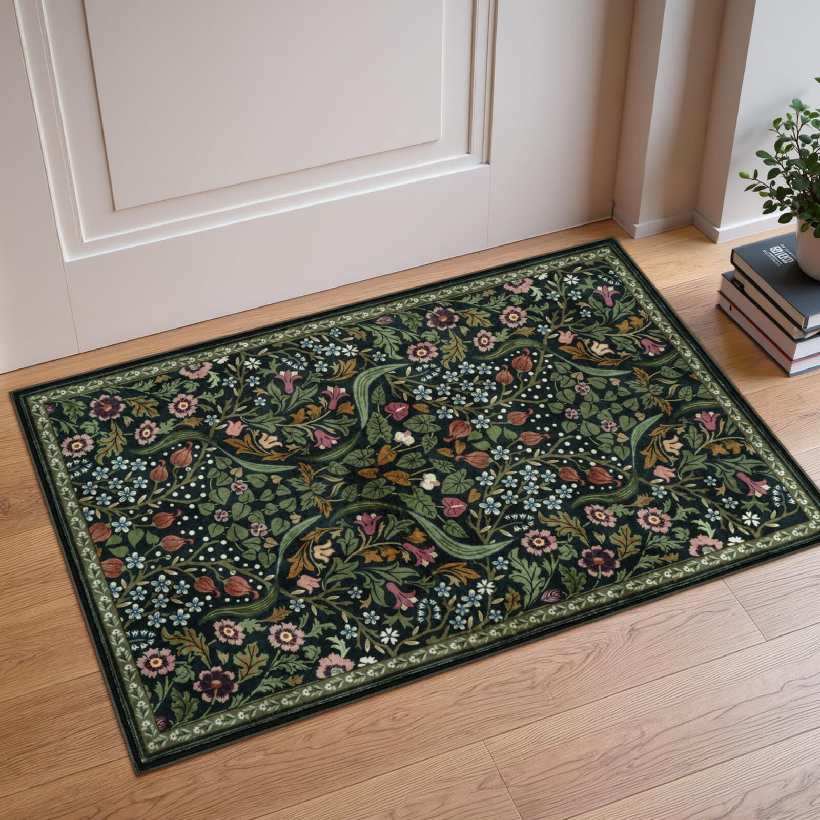 Lahome Floral Kitchen Rug, 2'x3' Washable Rugs Green Non Slip Boho Bathroom Rug, Soft Small Area Rug Indoor Door Mat, Ultra Thin Botanical Throw Rugs for Entryway Bedroom, Green