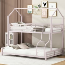 Kumix Bunk Bed Twin over Full, Metal House Bunk Bed for Kids Teens Adults with Full Length Guardrail and Build-in Ladder, Low Bunk Bed for Toddler, Able to Split, Noise-Free, Pink