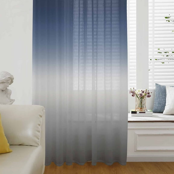 Navy Blue Gray Ombre Semi Sheer Curtains Drapes for Living Room, Bedroom, French Doors Window 72 Inches Long, Modern Gradient Abstract Art Rod Pocket Chiffon Curtain Drapery Voile Draperies Panel
