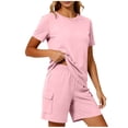 thumbnail image 6 of Women's 2 Piece Home Wear Crew Neck Short Sleeve Tops Elastic Waist Pockets Shorts Summer Comfy Lounge Sets (S, Pink), 6 of 6