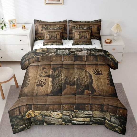 Hunting Bear Bedding Queen Size 7Pcs,Jungle Wild Animal Comforter Set,Brown Vintage Rustic Sheet Set With Comforter,Wildlife Themed Bed In A Bag Teens Bedroom,With 2 Pillowcase