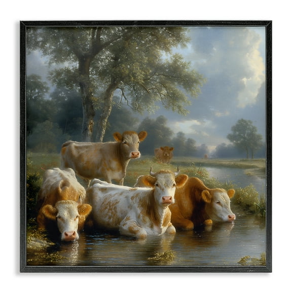 Stupell Industries Cow Family at Creek Animals Painting Black Framed Art Print Wall Art, 12 x 12