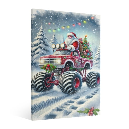 Vintage Christmas Santa Claus and the Red Truck Wall Art Paint Framed - Xmas Festive Winter Holiday Christmas Wall Decor Canvas Print for Living Room Kitchen Bathroom Home Bedroom Decor