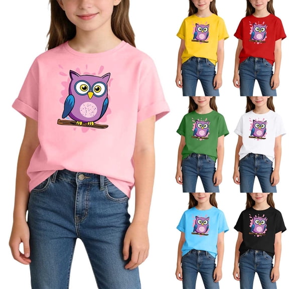 Afuyipoi Graphic Tees for Girls,Breathable Short Sleeve Printed Summer Tees Pink 6-8 T