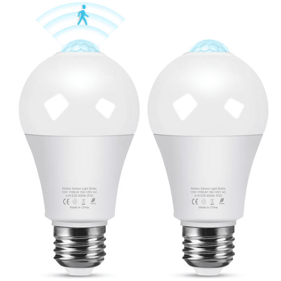 OHLUX Motion Sensor Light Bulbs, 13W 100W Equivalent, Motion Activated Dusk to Dawn Security LED Bulb, 5000K Daylight, E26 Base, Energy Efficient for Indoor & Outdoor, Porch Garage Hallway, 2-Pack