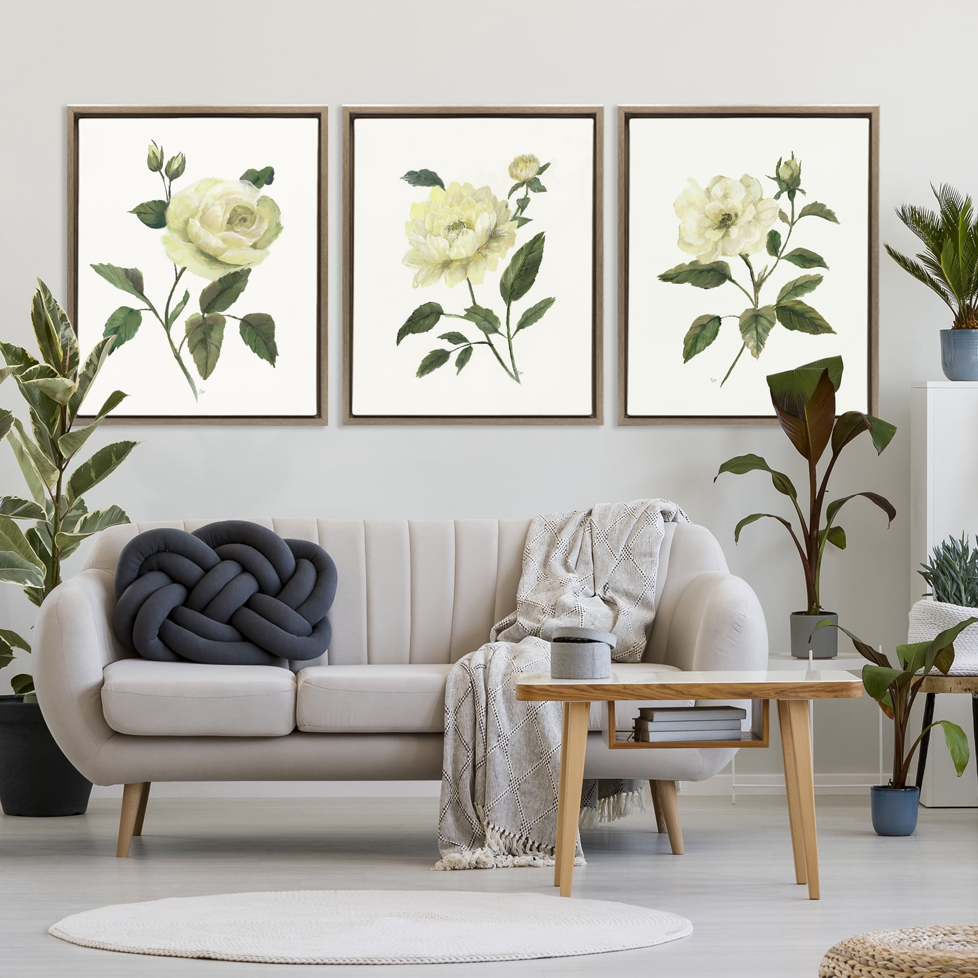 Stupell Industries Ivory Budding Garden Flowers 3 Piece Brown Framed Floater Canvas Set, design by Nan