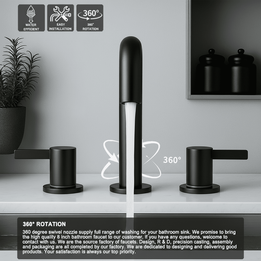 8 Inch Widespread Bathroom Faucet Matte Black 2 Handle 3 Hole with 360 °   Rotating Spout and Pop-Up Drain  LJH