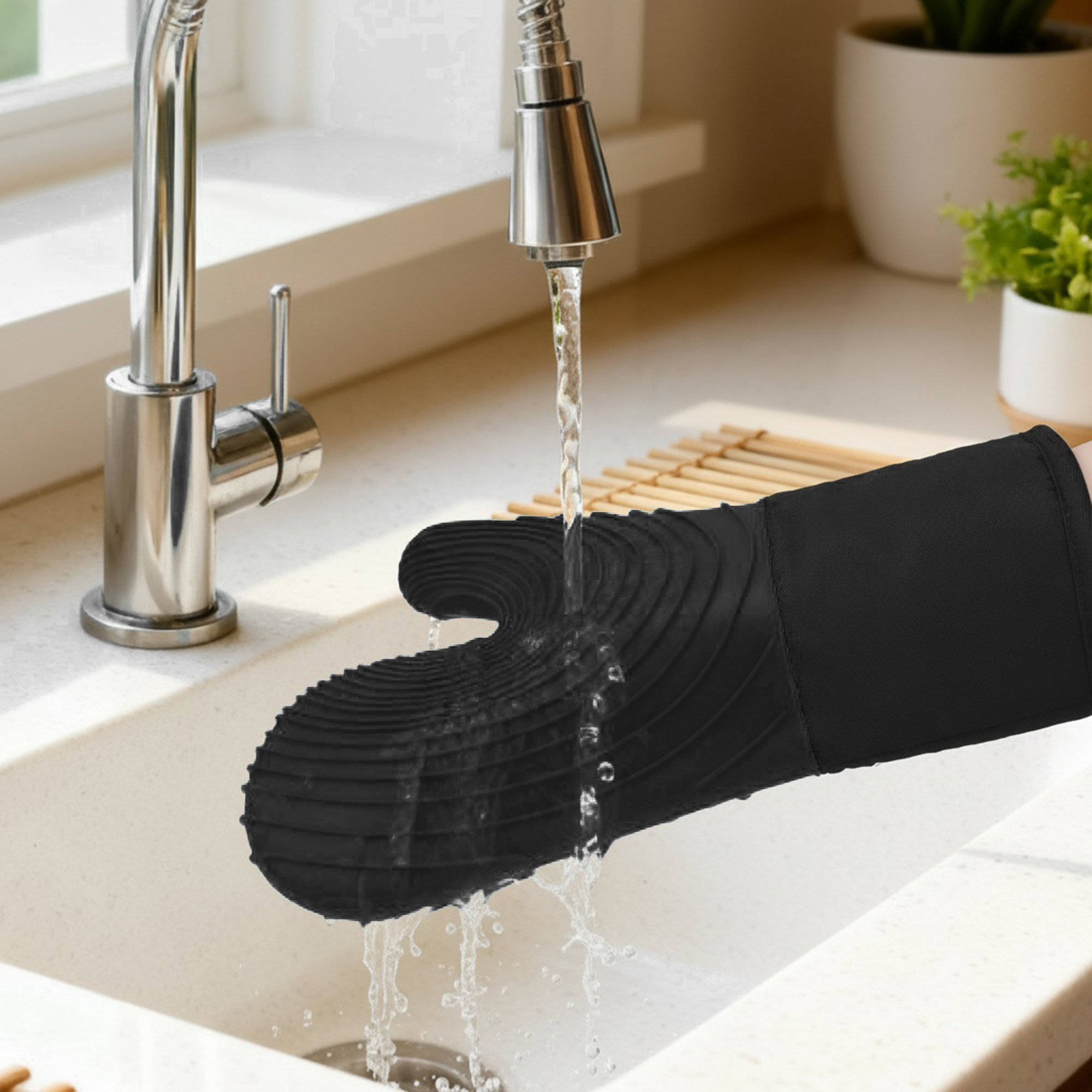 REGALWOVEN Soft Silicone and Cotton Oven Mitts, Heat-Resistant Cooking Gloves, Gripping for Baking, Kitchen Mitts Set of 2 Black 13.4x7.1inch