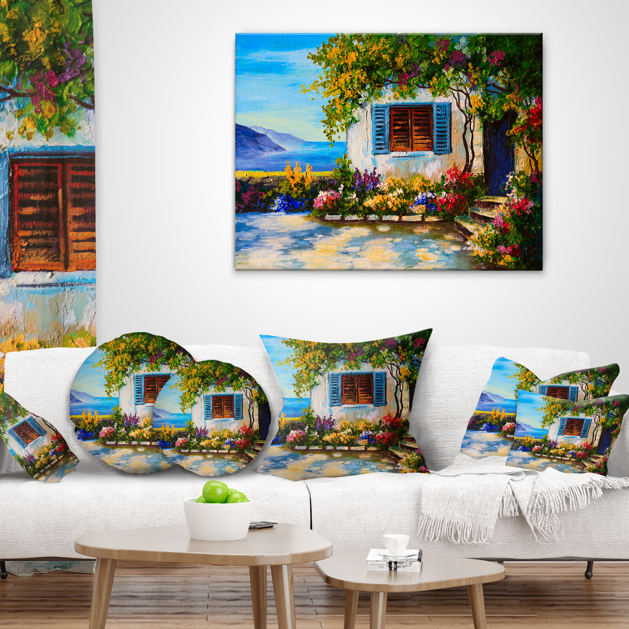 Designart House Near Sea Oil Painting - Landscape Painting Throw Pillow - 12x20