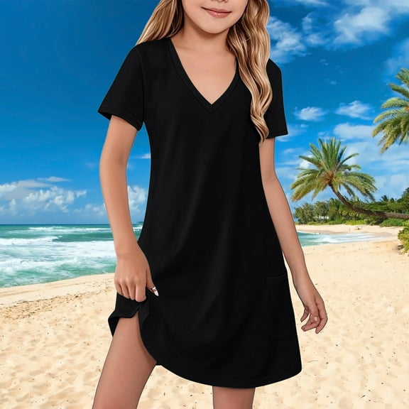 Juslio Girls Dresses A-line Short Sleeve Pockets Knee Length Casual Summer Beach Black Sundress