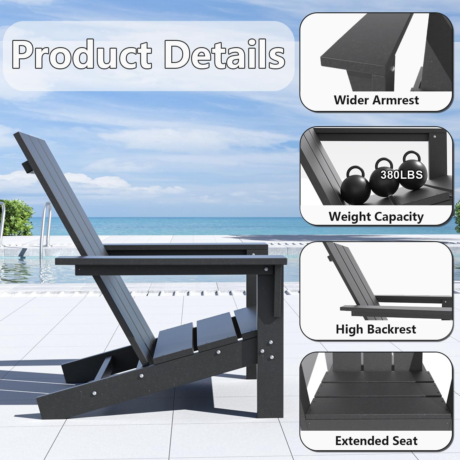 Kullavik Adirondack Chair 3 Piece Set With Table, Heavy All-Weather HDPE.Outdoor Lounge Chair for Patio Deck Garden, Backyard Deck& Lawn Furniture - Looks Exactly Like Real Wood-Black
