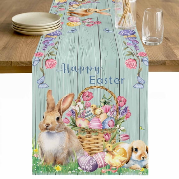 Happy Easter Table Runner 70 Inches Long Farmhouse Dress Scarves, Spring Easter Eggs Bunny Floral Teal Wood Dining Tablerunner for Coffee Table/Kitchen Island/Party Décor, 13" x 70"