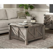 Sinda Grey Wash Coffee Table, Farmhouse Square Wood Center Table with Gas Struts Flip-Top for Extra Large Hidden Storage, Metal Bracket Corner, 30x30x18 Inch