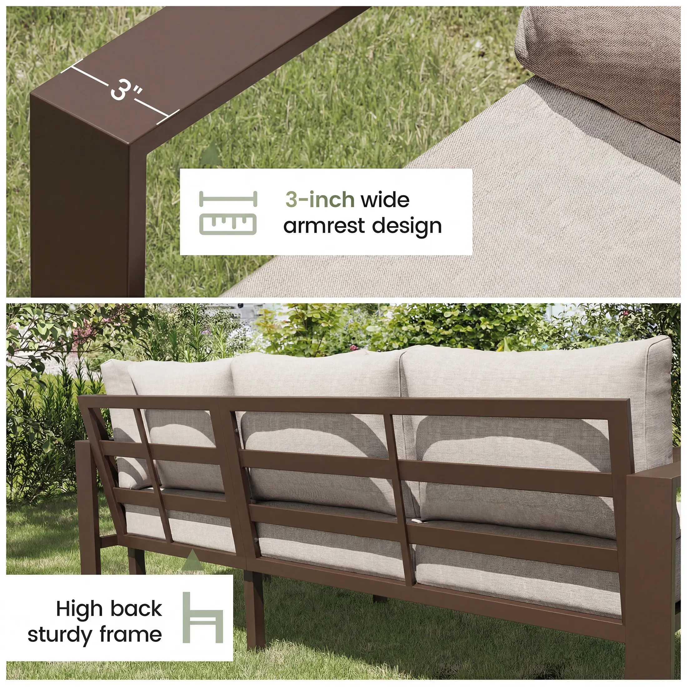 Poteban 6-Piece L-Shaped Outdoor Conversation  Set, Metal Sectional Sofa with 6" Thick Olefin Cushions, Wide Armrests & Coffee Table, Beige for Garden Backyard