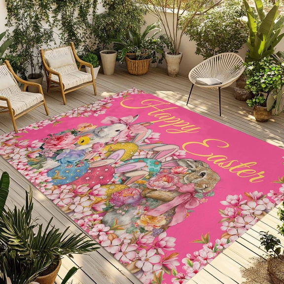 Pink Spring Easter Outdoor Rug for Patio/Deck/Porch, Non-Slip Large Area Rug 3 x 5 Ft, Bunny Eggs Floral Botanical Indoor Outdoor Rugs Washable Area Rugs, Reversible Camping Rug Carpet Runner