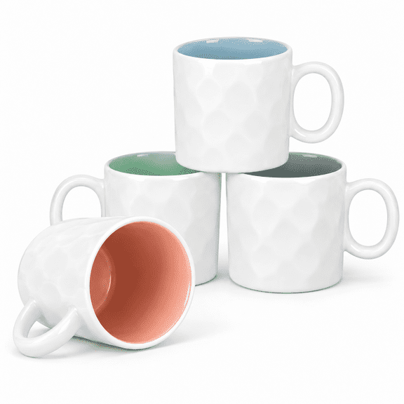 QUANSHANGJU 12oz Textured Ceramic Coffee Mugs Set of 4, Pastel Multicolor Inside, White