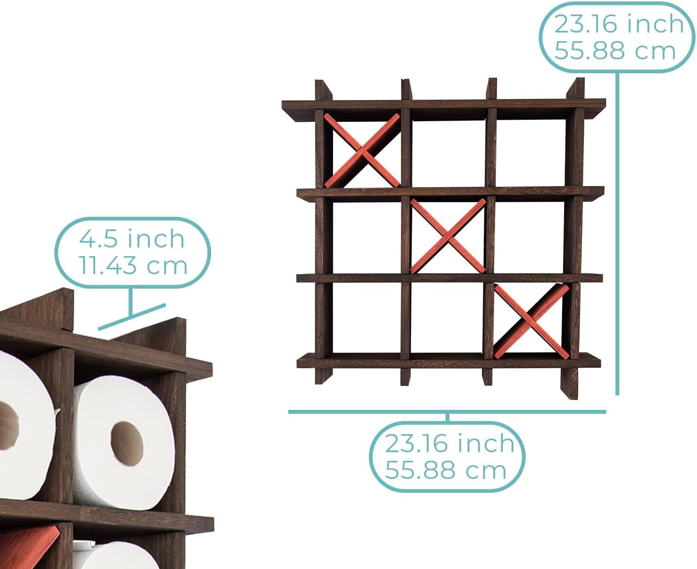 Comfify Tic Tac Toe Toilet Paper Holder, Torched Brown, Bathroom Tissue Storage Shelf for Wall Mount and Freestanding Use