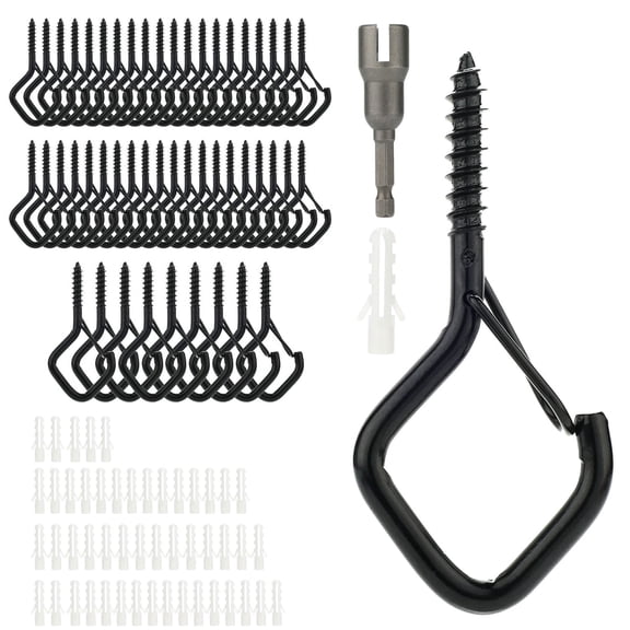 LANGSONGHONG 30 Pcs Heavy Duty Metal Hooks for Outdoor Lights - Windproof Screw-in Hangers with Safety Lock Buckle, Black Plant Hooks for Patio, Christmas Decorations, Ceiling String Lights
